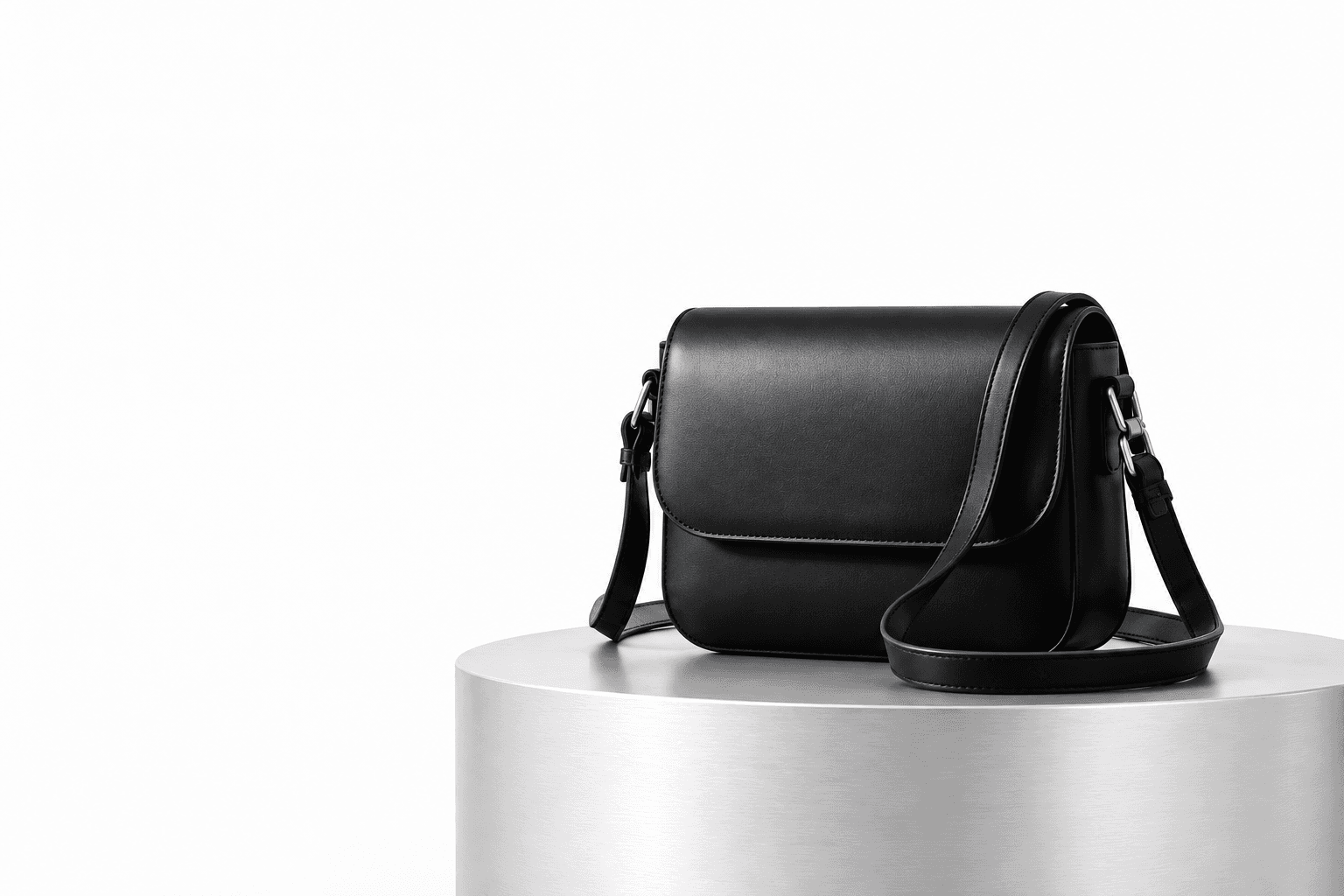 Black leather crossbody bag in a sculptural grey studio